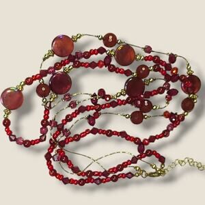 Gold Tone Dark Iridescent Pink Double Strand Beaded Necklace 26"-29"‎